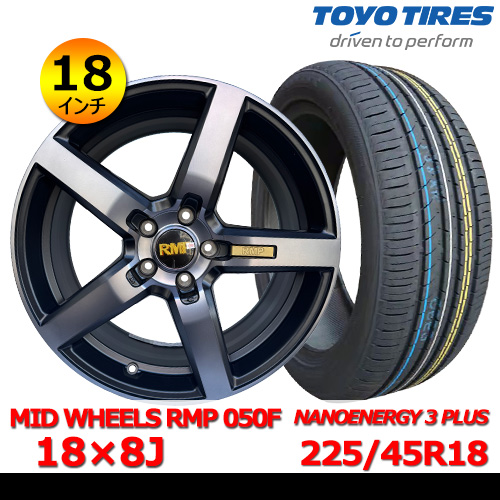 新品夏タイヤホイール4本セット MID WHEELS 050F 18×8J In42 5H PCD114.3 トーヨー NANOENERGY 3 PLUS 225/45R18